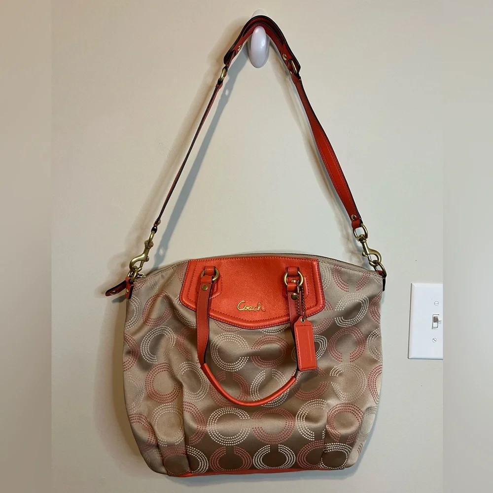 Coach Ashley Dotted Op Art Coral and Beige Tote Bag - Picture 3 of 12